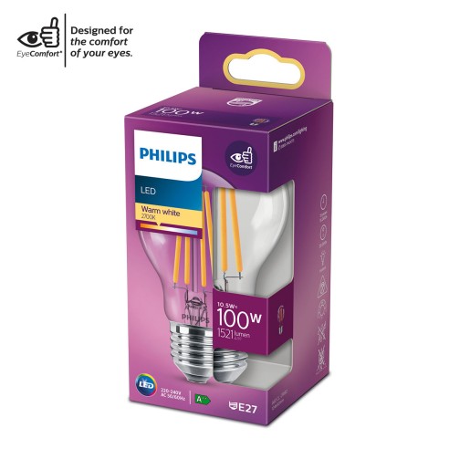 Lampadina LED a goccia E27 con filamento A60 100 W Philips 2700 K luce calda