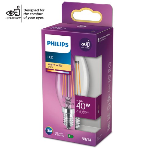 Lampadina LED oliva E14 a filamento B35 40 W Philips 2700 K luce calda