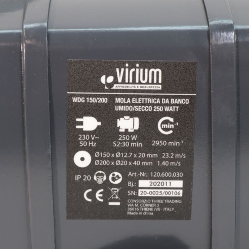 Mola elettrica da banco ad acqua secco 250W Virium dati tecnici