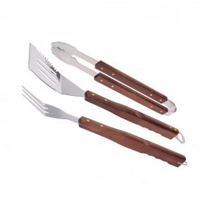 Set 3 accessori barbecue in acciaio con manici legno