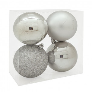Palline di Natale in plastica argento Ø 8 cm confezione da 4 pezzi