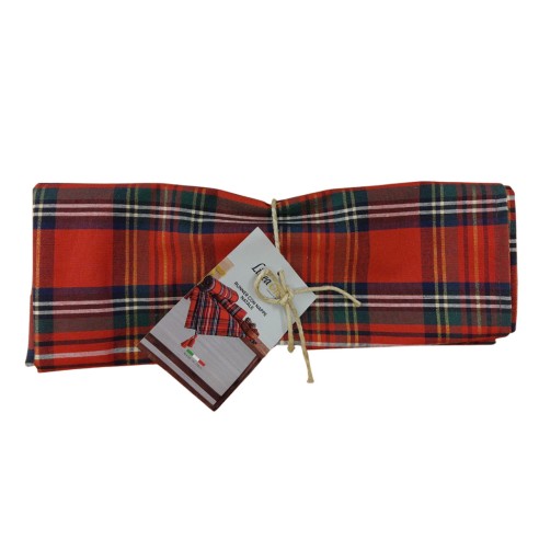 Runner natalizio Scott tartan rosso con filo lurex oro e nappe 40x145 cm