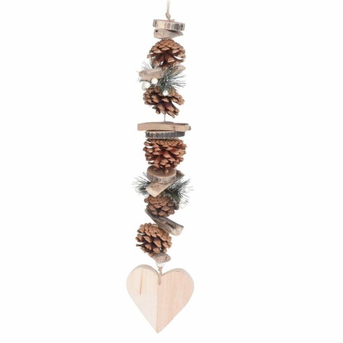 Pendente natalizio in legno naturale con pigne H55 cm cuore