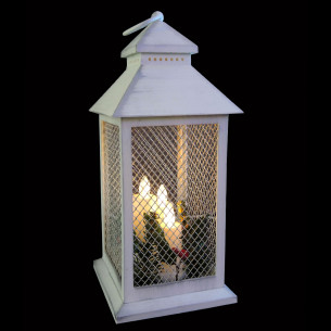 Lanterna a batteria bianco anticato con 3 candele LED e decorazioni natalizie H31 cm Prequ