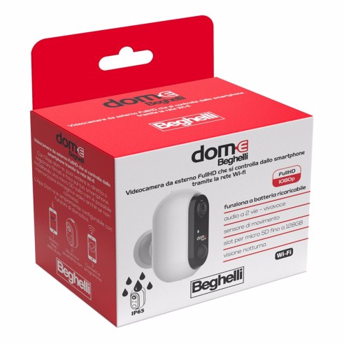 Videocamera da esterno a batteria FullHD dom-E Wi-Fi 1080p microfono vivavoce micro SD Beghelli 60022
