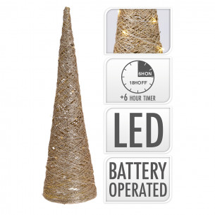 Albero di Natale cono in rafia con luce LED H60 cm glitter oro