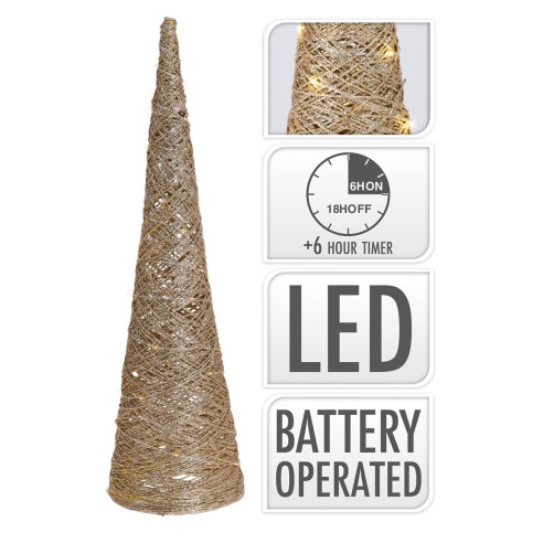Albero di Natale cono in rafia con luce LED H60 cm glitter oro