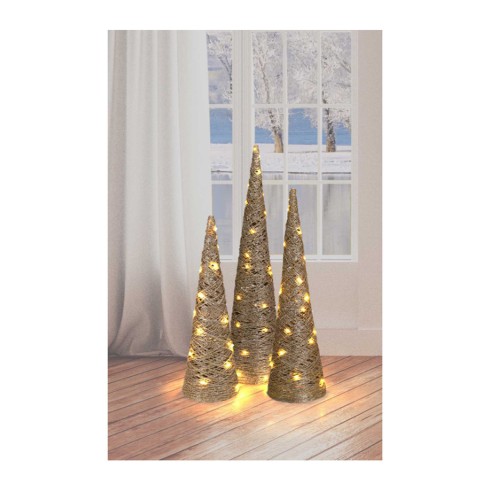 Albero di Natale cono in rafia con luce LED H80 cm glitter oro