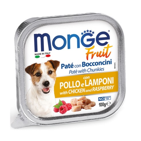 Monge fruit patè e bocconcini con pollo e lamponi 100g