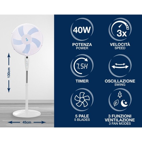 Beper ventilatore a piantana con telecomando, 5 pale, timer, bianco