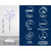 Beper ventilatore a piantana con telecomando, 5 pale, timer, bianco