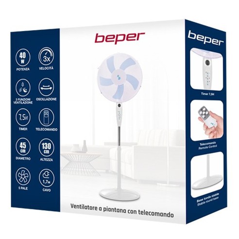 Beper ventilatore a piantana con telecomando, 5 pale, timer, bianco