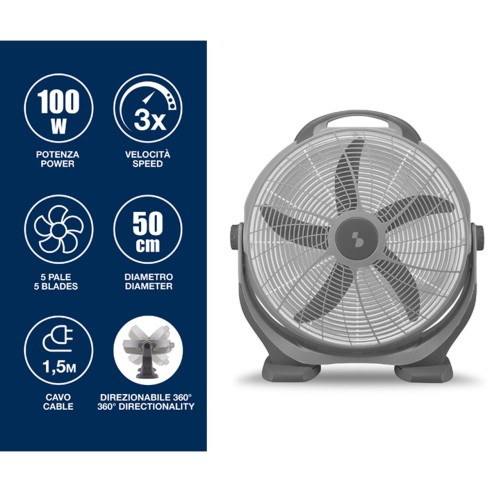 Beper ventilatore da terra Box Fan direzionabile 100W, 50 cm, grigio